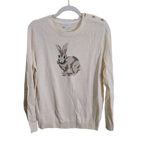 Charter Club Neutral Bunny Intarsia Knit Crewneck Button Detail Sweater Size Lp - Picture 1 of 6
